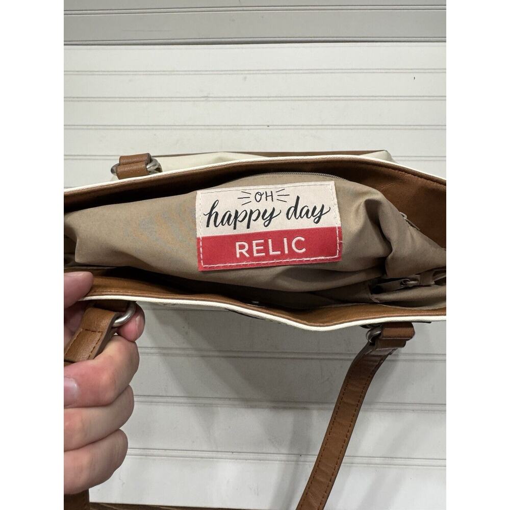 RELIC Shoulder Bag Tote Handbag Ivory Faux Leather with Brown Trim Double Handle - Picture 5 of 7